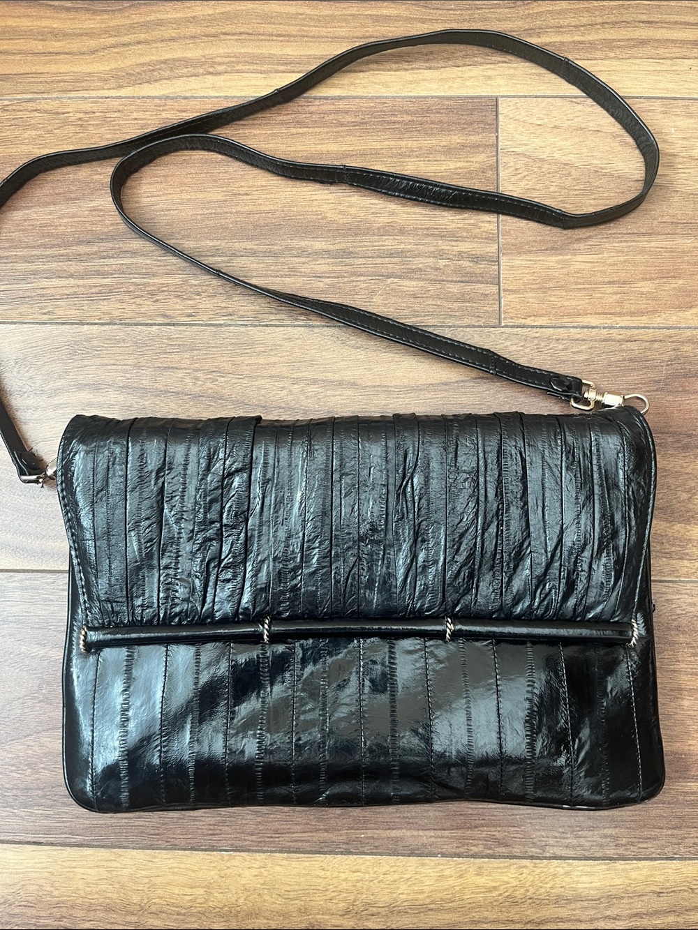 Black Fold-Over Crossbody Bag - Sleek Women's Shoulder Bag Genuine Eel Skin